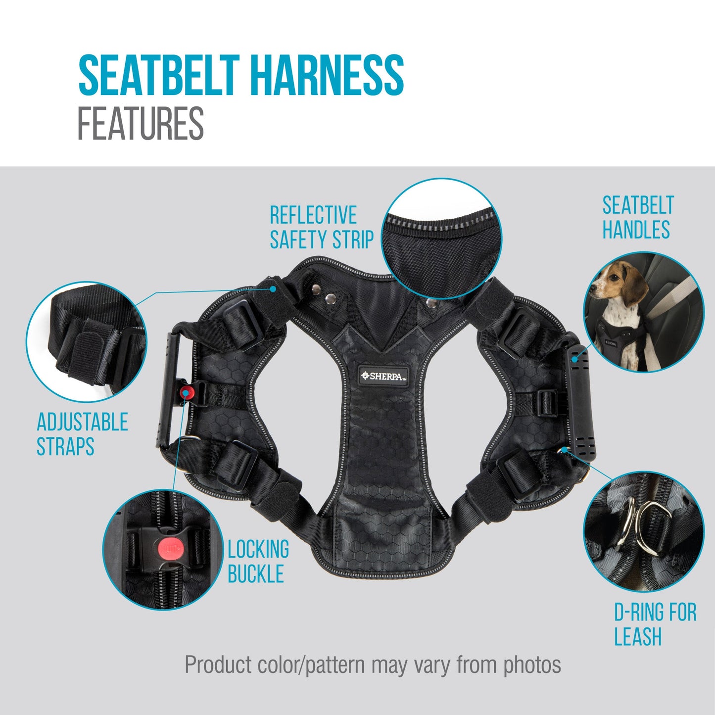 Seatbelt Harness, Crash Tested Dog Harness, Adjustable, With No-Pull D Ring