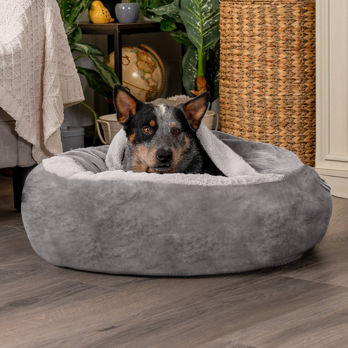 Wave Faux Fur & Velvet Hooded Donut Dog Bed
