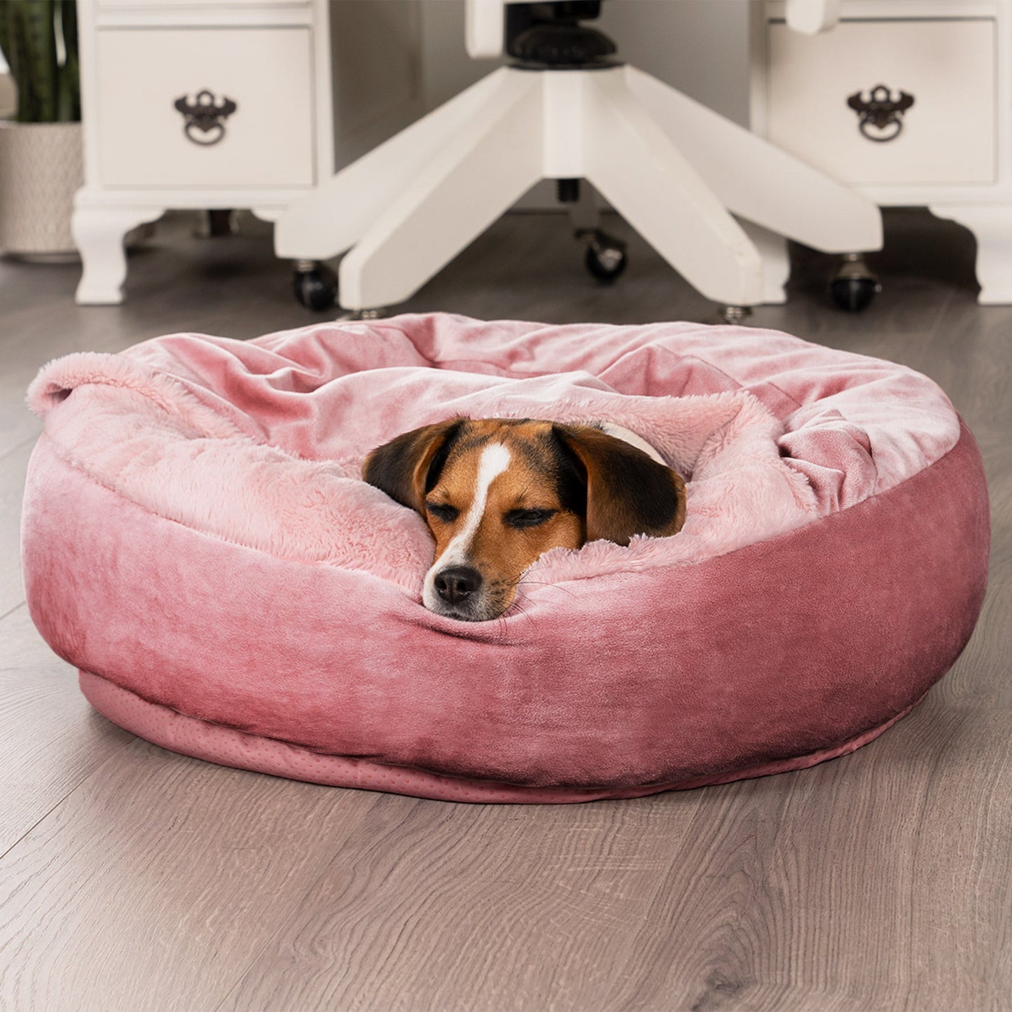Wave Faux Fur & Velvet Hooded Donut Dog Bed