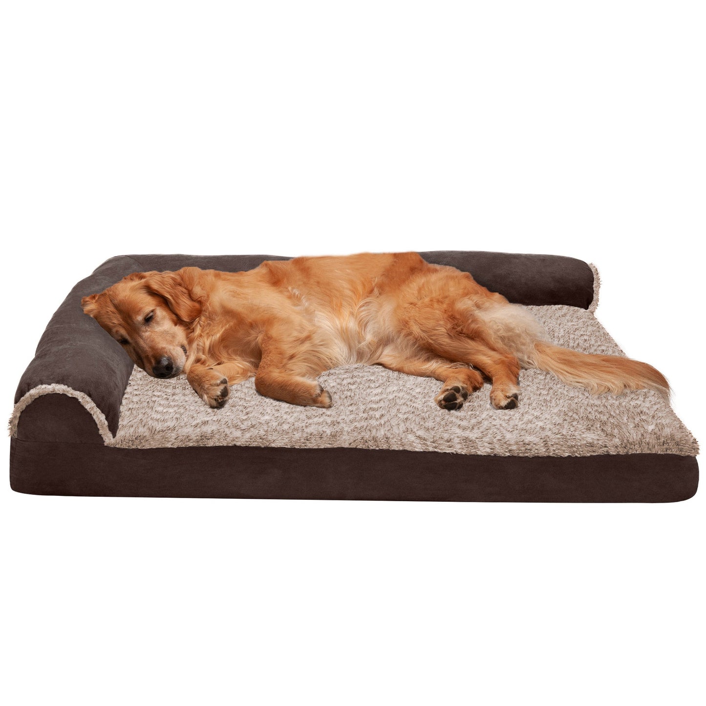 Deluxe Chaise Lounge Dog Bed - Two-Tone Faux Fur & Suede