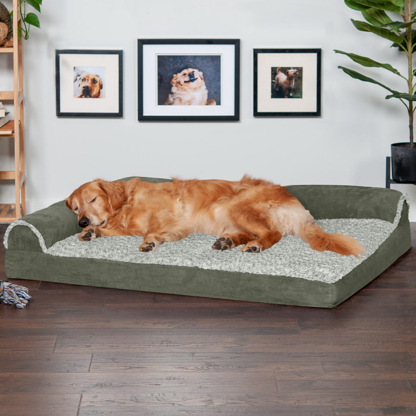 Deluxe Chaise Lounge Dog Bed - Two-Tone Faux Fur & Suede