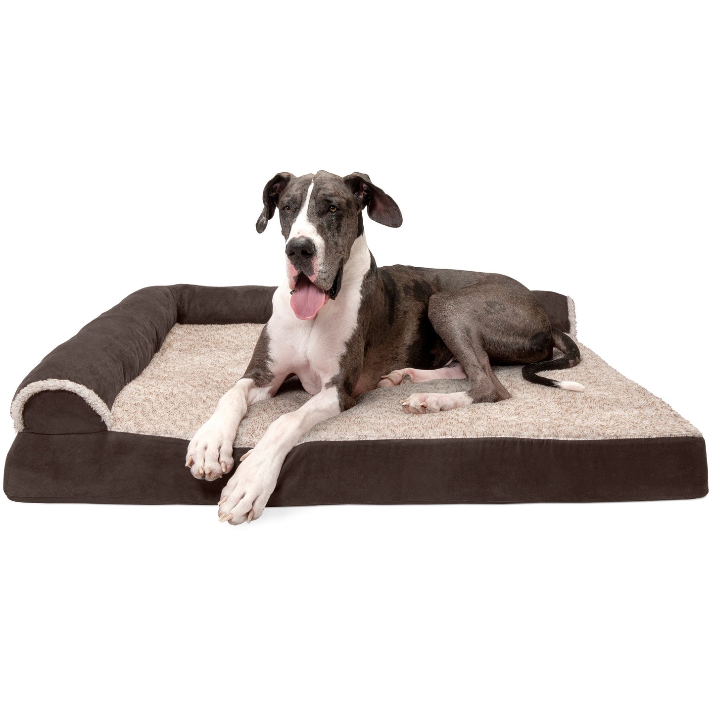 Deluxe Chaise Lounge Dog Bed - Two-Tone Faux Fur & Suede