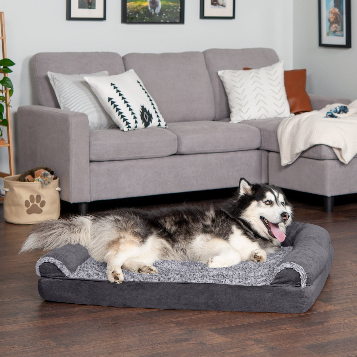 Sofa Dog Bed - Two-Tone Faux Fur & Suede
