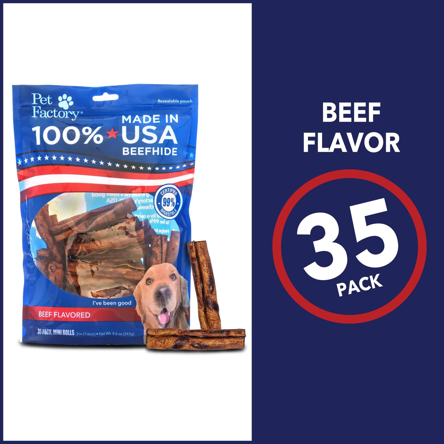 Pet Factory - Made in USA Beefhide Mini Rolls - 3-3.5", 35 Count
