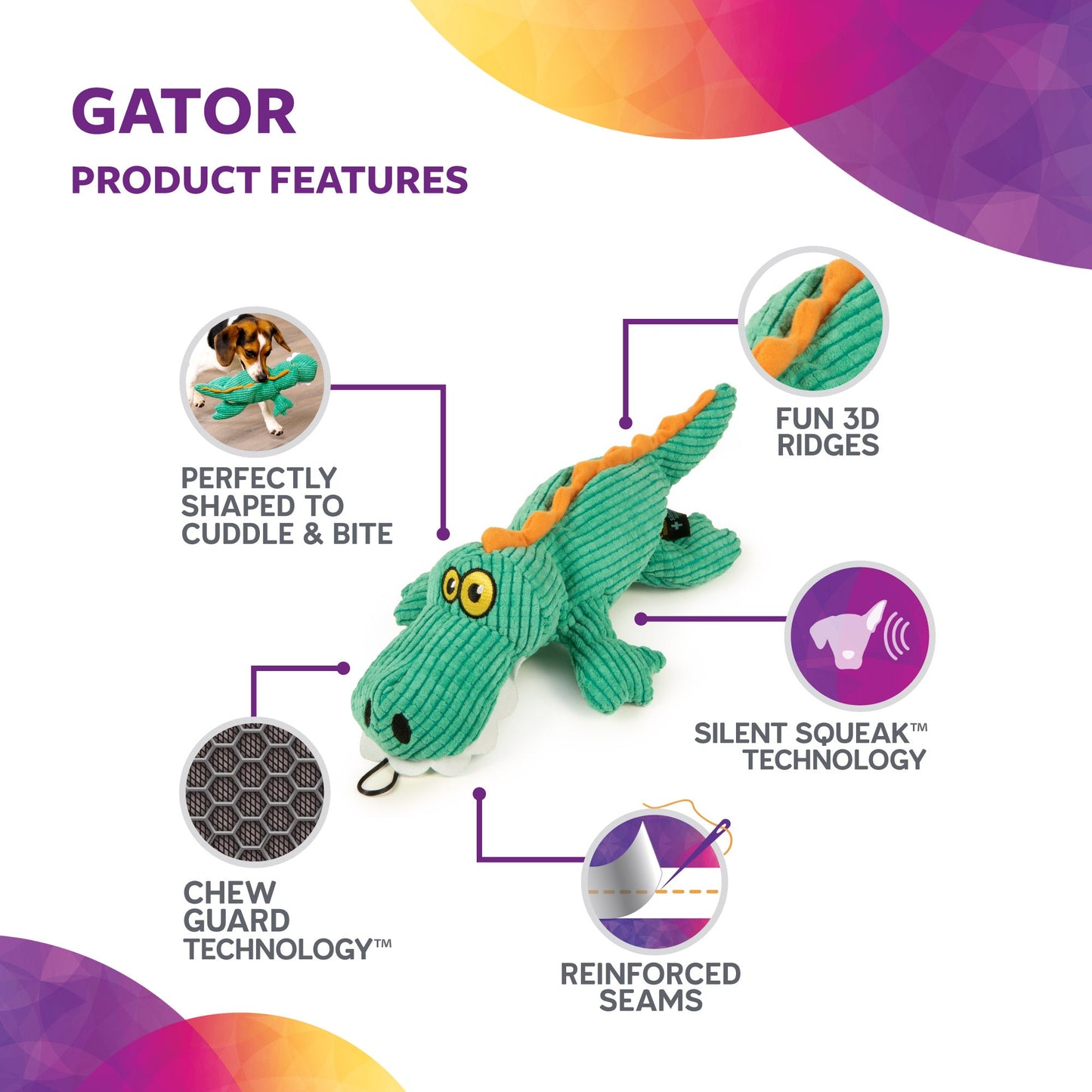 Silent Squeak Gator Plush Chew Guard Dog Toy, Teal, Large
