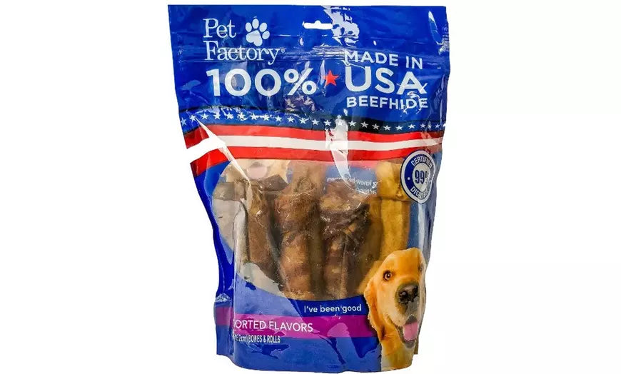 Pet Factory - Made in USA Beefhide Assorted (Beef & Chicken) - Variety (Bones & Chip Rolls), 25 pack