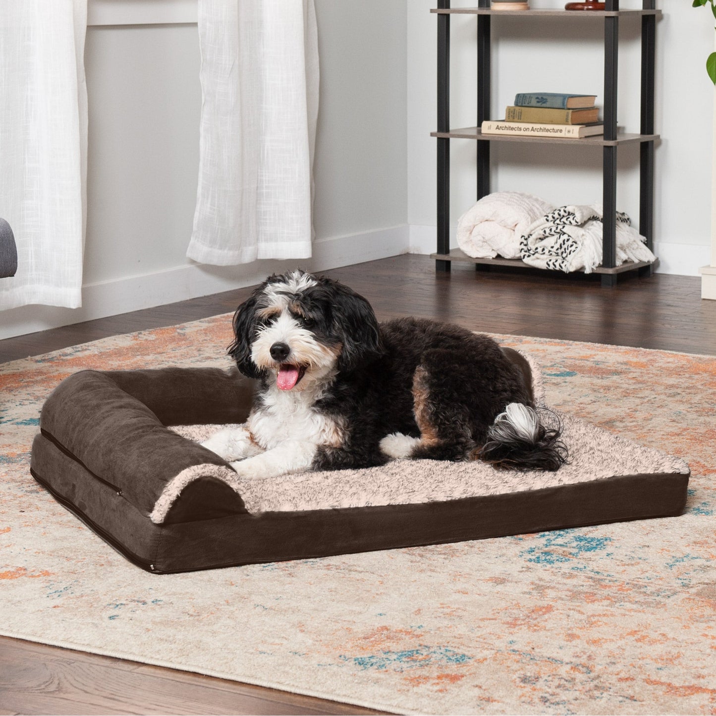 Deluxe Chaise Lounge Dog Bed - Two-Tone Faux Fur & Suede