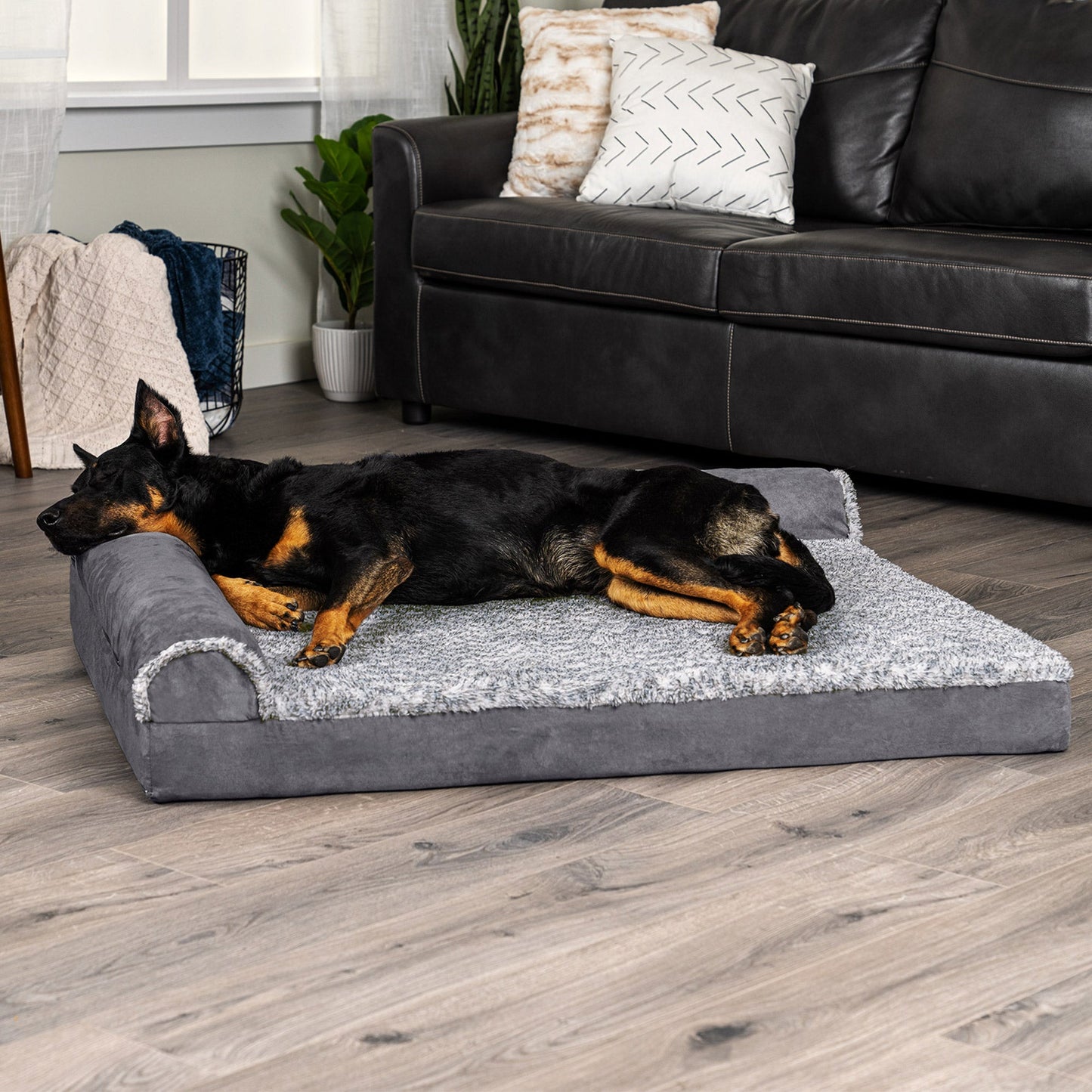 Deluxe Chaise Lounge Dog Bed - Two-Tone Faux Fur & Suede