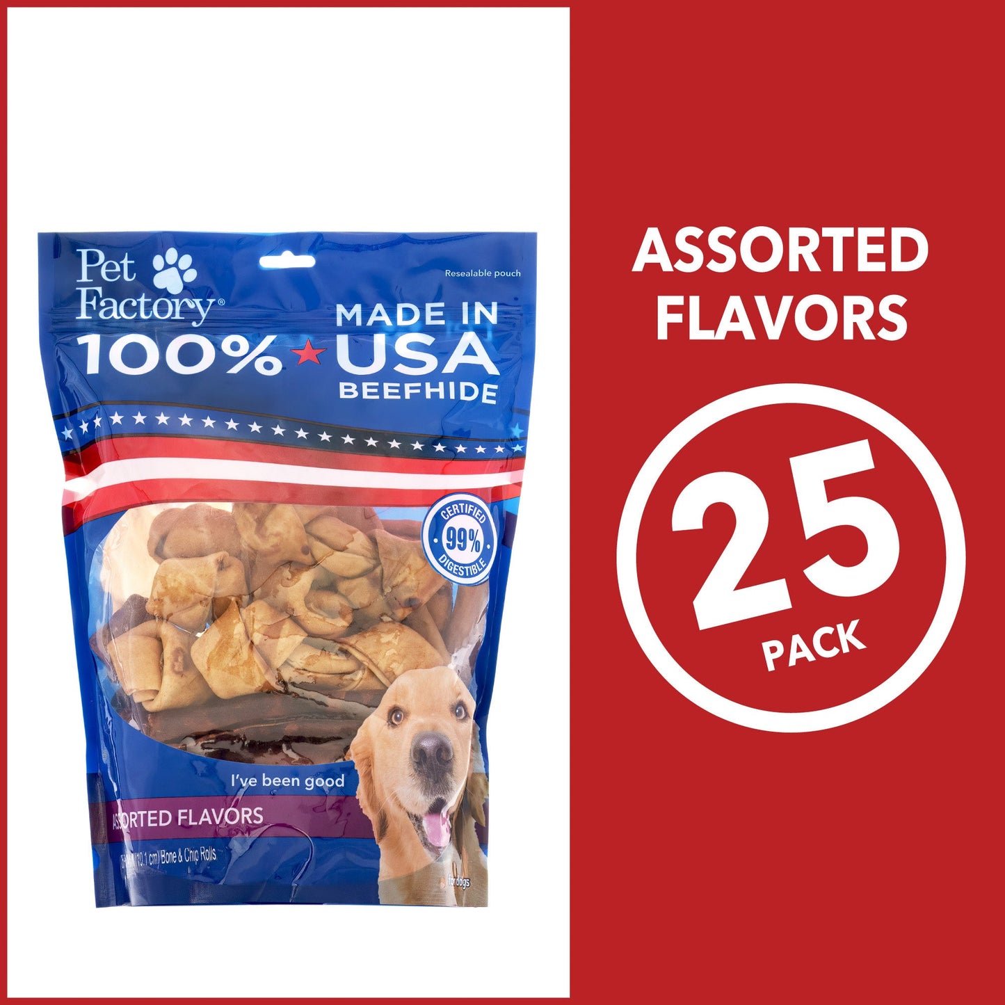 Pet Factory - Made in USA Beefhide Assorted (Beef & Chicken) - Variety (Bones & Chip Rolls), 25 pack