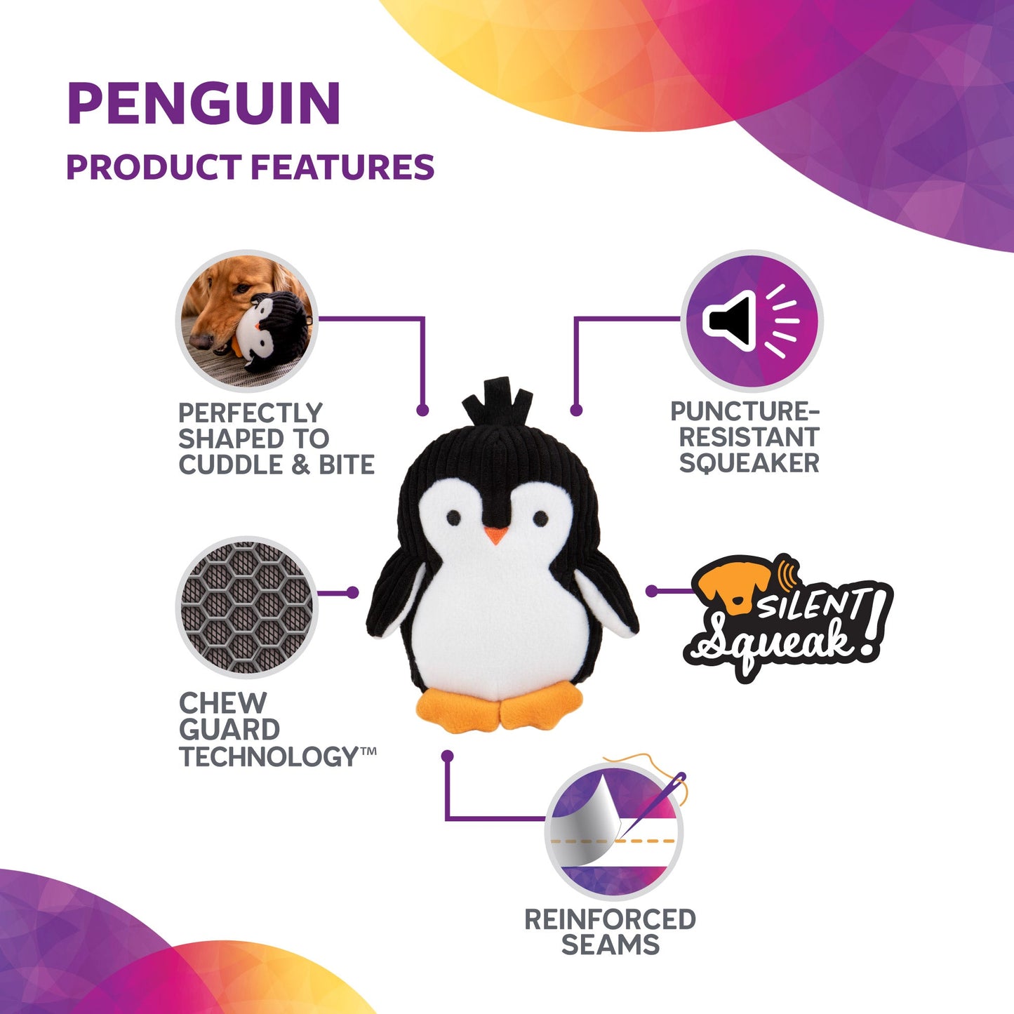 Silent Squeak Penguin Plush Chew Guard Dog Toy, Medium