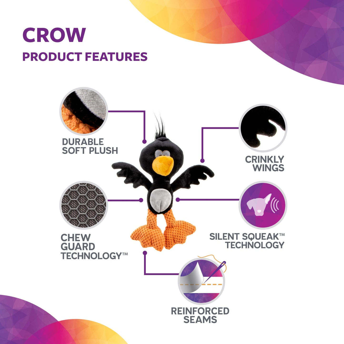 Silent Squeak Crow Plush Chew Guard Dog Toy, Large