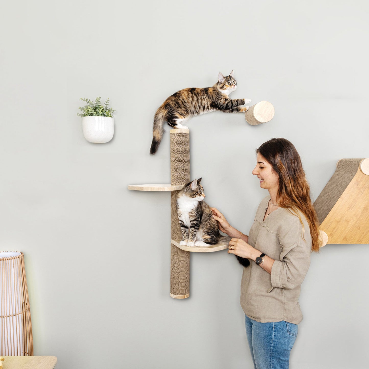 Ascentials by FurHaven Wall-Mounted Sunrise Steps Corrugated Cat Post with Perches (34”)