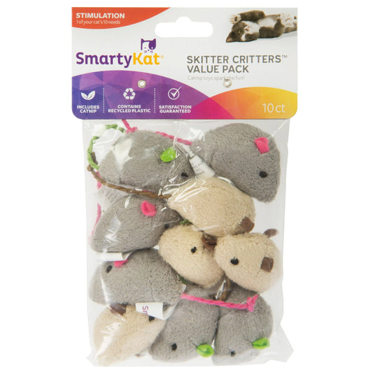 Skitter Critters Value Pack Plush Catnip Cat Toys, Gray & Cream (Set of 10)